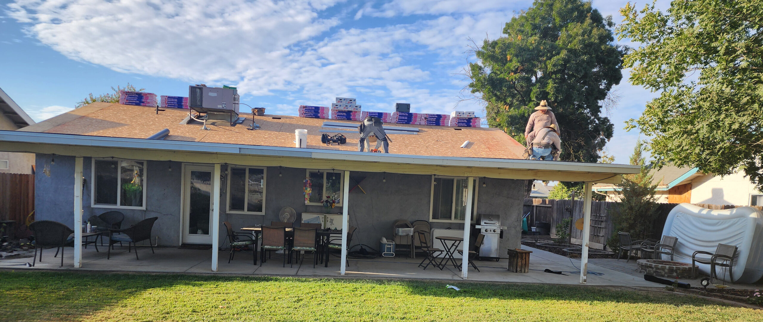 Roofing, roof repair, patio roofing project in Hanford, California
